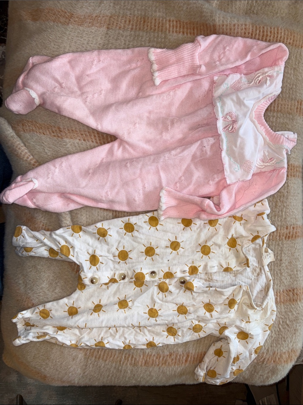 Pink Knit Baby Footed onesie & Cream Sun Print onesie